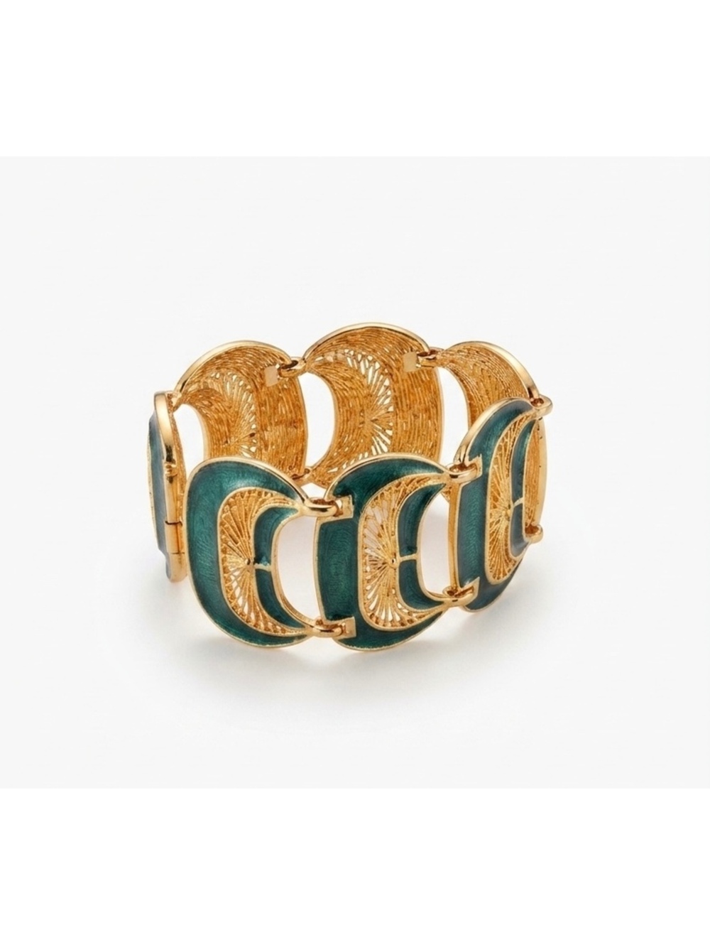 Vintage 1960s Vendome Gold-Tone Crescent Moon Bracelet with Dark Green Enamel